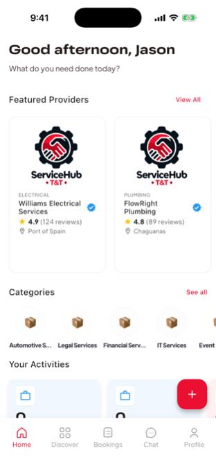 ServiceHub T&T app home screen with featured verified providers