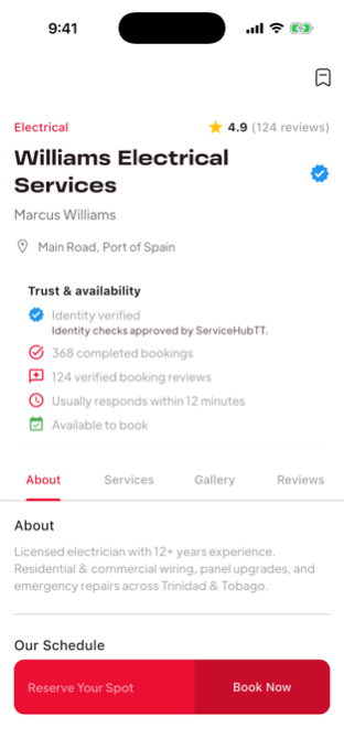 Provider profile with ID verification, ratings and Book Now